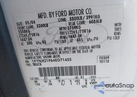 2004 Ford F-250 Lariat/Xl/Xlt from USA, damaged, VIN 1FTNX21P64ED71455